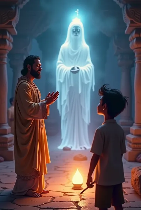 Generate in cinematic 3d cartoon style*
A priest chanting mantras in front of a glowing spiritual figure, while Ramesh listens intently, holding a flashlight.