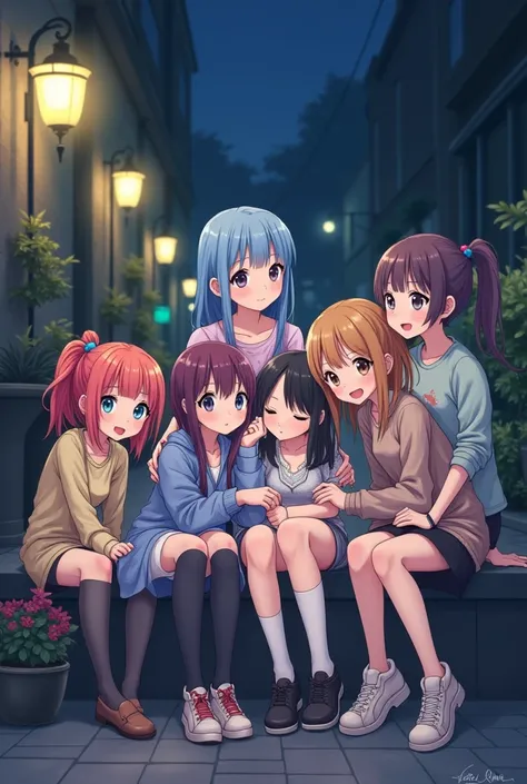 A lot of cool and cute looking anime teenagers together sitting in night