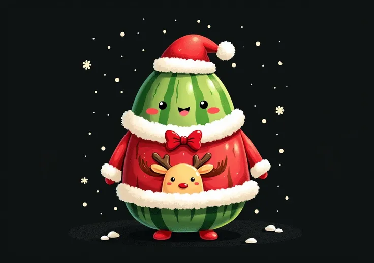 make a cute wtatermellon with a Christmas costume theme, with a plain black background