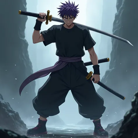 Draw a swordsman wearing a black T-shirt and pants. The waistband, the solok short hair kick shoes, not big enough, there is water, purple hair. Brown eyes, 1 sword, long katana sword.