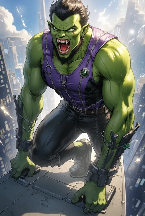 a highly detailed illustration of a male green goblin from spiderman, terrifying expression, grotesque features, sharp fangs, glowing green eyes, green skin, muscular body, green and purple costume, clawed hands, floating on glider, cityscape background, d...