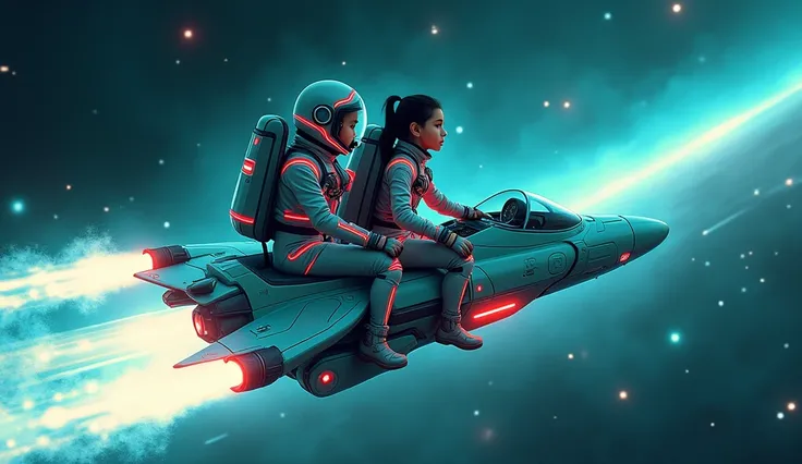 Create an image of a boy and a girl in full space gear, piloting a glowing, futuristic spaceship through the starry cosmos. The boy is seated behind the girl, both wearing sleek, high-tech space suits complete with helmets, gloves, and boots. His suit feat...