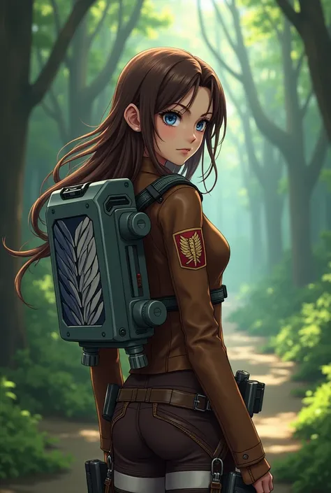 female, pretty, , 3D maneuver apperat , Brown leather jacket with reconnaissance squad symbol on the back,  brown hair ,  blue eyes , Forest (anime. Attack on Titan Art Style)
