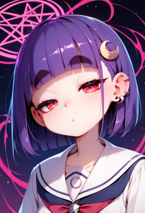 dark purple hair,short hair,((blunt bangs)), red eyes,((half-closed eyes)),((jitome)) ,thick eyebrows,(hexagram star piercing left ear),( crescent moon piercing right ear) ,expressionless,baby face,loli face,a slender body,a woman with a small bust, wearin...