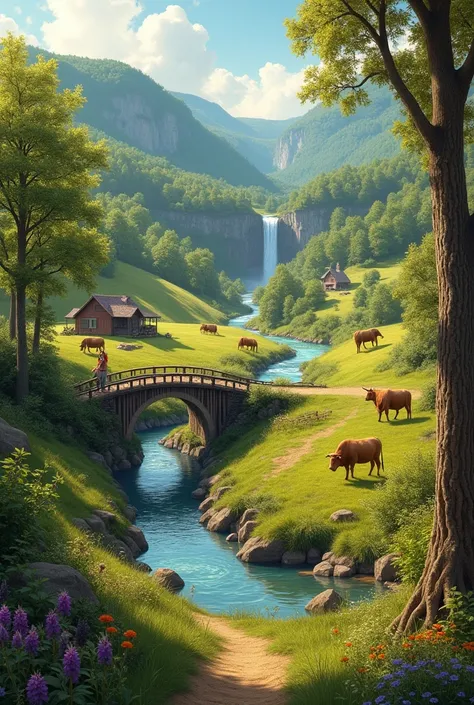  Create a picture with Countryside.  Include the river , bridge, the forest, waterfall,  picnic area  , cattle, farm ,  path, scarecrow 