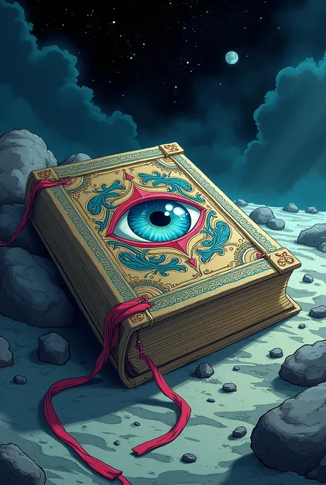 A closed book with decorative markings on the book exudes an energy and a blind eye that keeps the book closed, The book is about magic it is abandoned in the universe the central superios says.....   The Guardians of the Book .........   
Manga style 