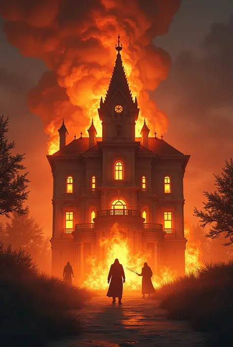 Generate in cinematic 3d cartoon style 
A dramatic scene of a grand mansion engulfed in flames at night, with shadowy figures visible through the fire.