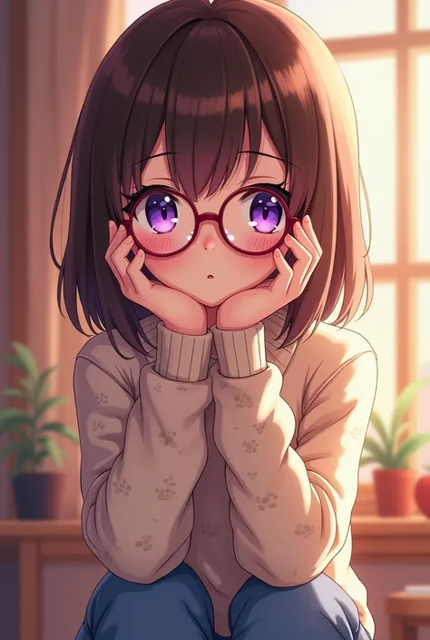 Anime girl with purple pupils, brunette wearing red glasses wearing a kitten sweater and jeans 