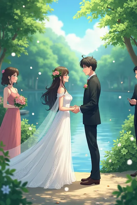 Anime couple having a hero with a heroine getting married. Background is nature view by the water, with friends, groom, bride dressed in white stream