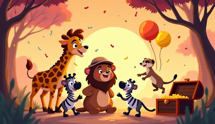 "A cheerful cartoon savanna setting with the Safari Detectives celebrating their teamwork. The lion is playfully roaring, the giraffe bends down to join the group, the zebra does a little dance, the bear claps, and the meerkat jumps excitedly. They’re surr...