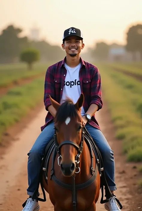  facing the whole body , gaya photography keren,  long distance view ,  cool morning atmosphere with sunshine ,  young and handsome Sundanese male ,  wears a black and white baseball cap with the inscription fei ,  wearing a purple red plaid flannel shirt ...