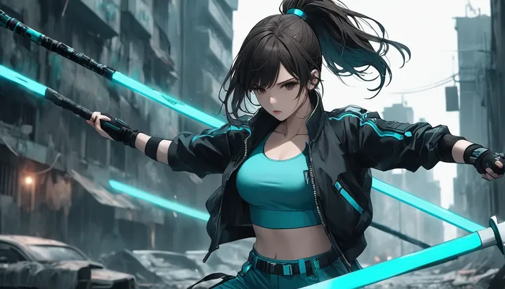 Neo-noir futuristic, semi-realistic anime-style, close-up shot, confident agile woman, dynamic action pose, oval face, prominent soft cheekbones, warm fair skin, almond-shaped dark brown eyes, intense focused expression, jet-black layered short hair with l...