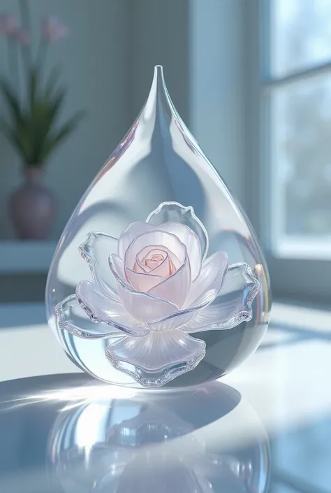 A large teardrop-shaped glass crystal in the form of a rose, reflecting light delicately, crystal-clear, evoking elegance and beauty.