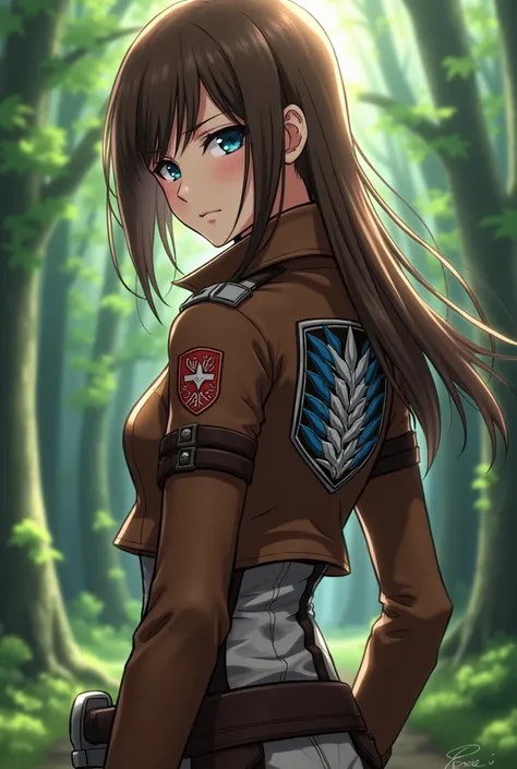 female, pretty, , 3D maneuver apperat , Brown leather jacket with reconnaissance squad symbol on the back,  brown hair ,  blue eyes , Forest (anime. Attack on Titan Art Style)
