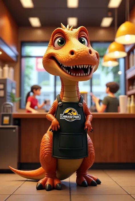 Dinosaur waiter ,  dark green skin full body photo,  apron written Churrassic Park , Black bandana on the head, 