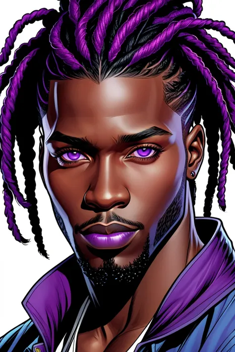 A handsome black man with purple dreadlocks that frames & covers his face and purple eyes. Hes clean shaven. Its in comic book art.