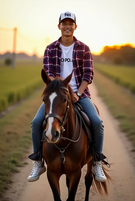  facing the whole body , gaya photography keren,  long distance view ,  cool morning atmosphere with sunshine ,  young and handsome Sundanese male ,  wears a black and white baseball cap with the inscription fei ,  wearing a purple red plaid flannel shirt ...