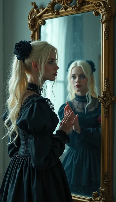 A young, beautiful blonde woman in a gothic lolita outfit with blue eyes stands before a mirror. As the mirror world begins to interfere with reality, her reflection steps out of the mirror to shake hands with her real self.