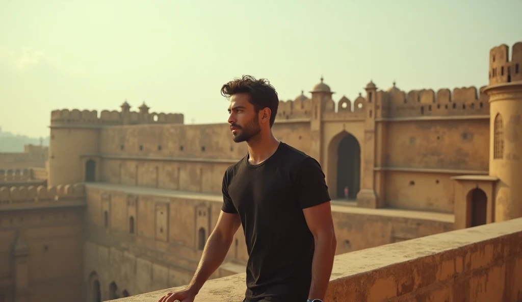 A handsome man wearing black t shirt walking on a corner of small wall  of a palace in morning time in Rajasthan in 1989 indian sky view 