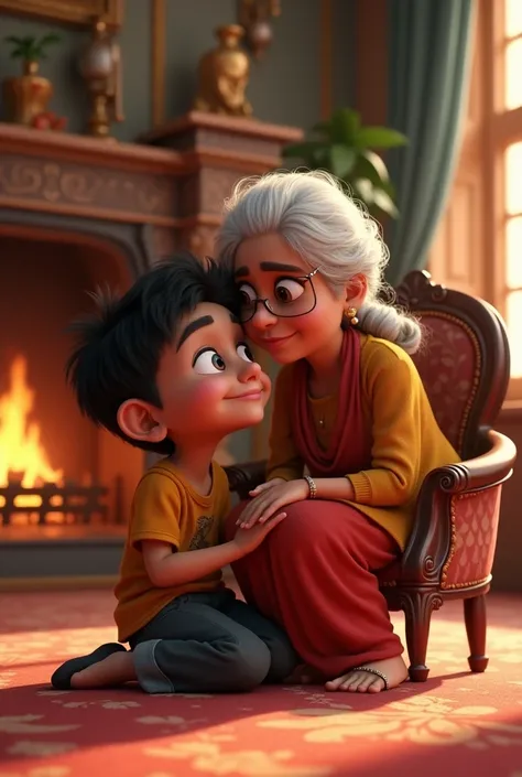 Generate in cinematic 3d cartoon style 
Ramesh sits with his grandmother, listening to the story of the family who lived in the mansion."