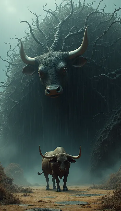 A massive, muscular bull facing a chaotic mass of sharp, thorny ivy in a dark and surreal setting. The bulls posture is powerful and intense, with its head lowered slightly and horns pointed forward, emphasizing its readiness to confront the tangled vines....