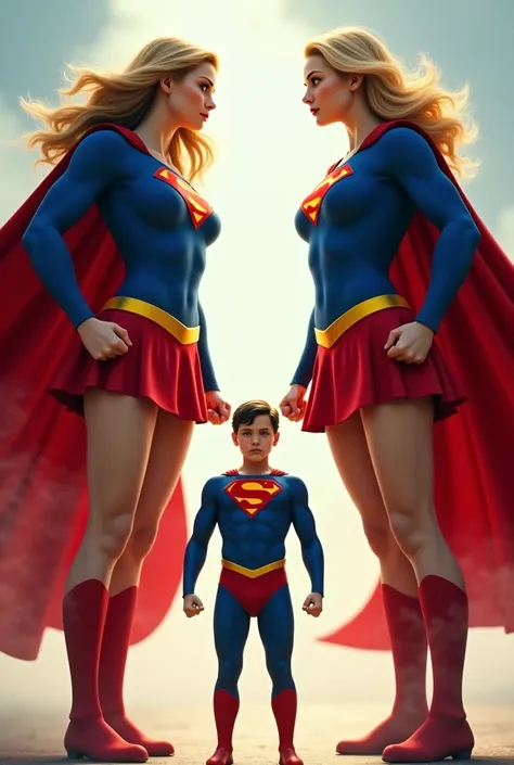 Two Supergirl and one Superman were standing in front of each other, and Supergirl was much taller than Superman.

