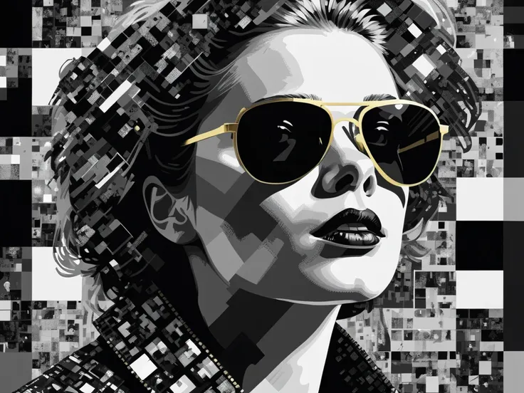 art by a dog whose face is made of pixelated images, in the style of dark black and white, detailed imagery, pegi nicol macleod, psychological depth in characters, modular, roger deakins、 facing diagonally to the right、 wearing sunglasses、Only the sunglass...