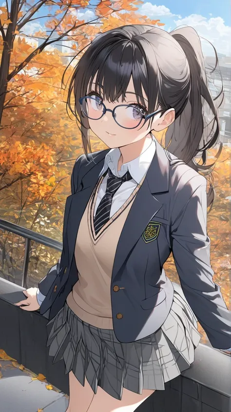 1 girl, glasses, ponytail, school uniform, open blazer, sweater vest, black necktie, gray skirt, long white socks, socks past knees, outdoor, autumn