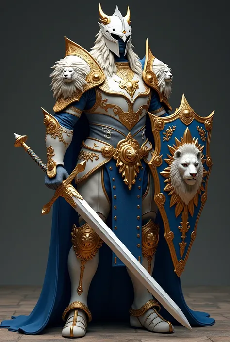  An armor and a sword and shield with lion details on the shoulder straps, pectoral, helmet, sword and shield with high relief on the details in gold and white with blue details