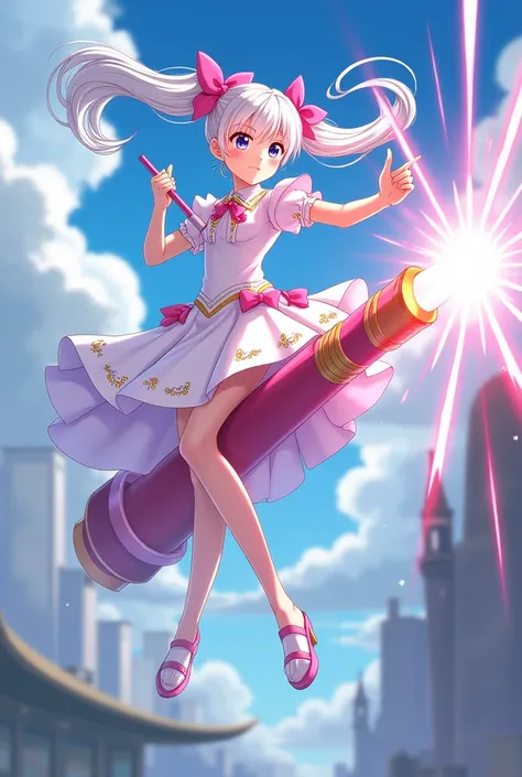 Magical girl 
young girl 
white clothes 
Im riding a magic vacuum cleaner wand 
Im shooting a wave cannon from the tip of my cane 
twin tail 
white hair twin tails with pink ribbon 
