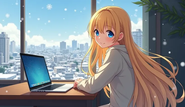  High quality. An  anime girl with 18 years old and has "beyond floor length" blonde hair nearby windows with a up-side table, on the left side has a MacBook Pro 16 inches published in 2024 without white color logo, back of side is a floor to ceiling windo...