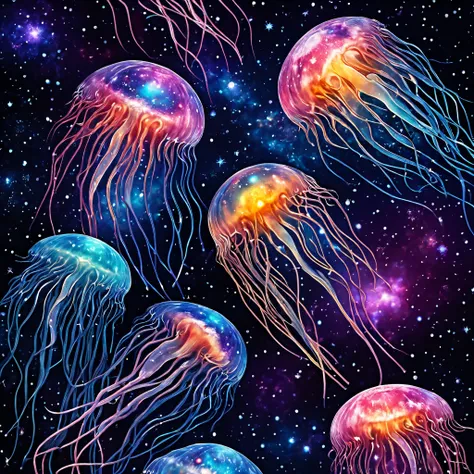 gem,正確なディテールのJellyfish,Jellyfish,Deep sea jellyfish with , galaxy, high resolution,masterpiece, realistic anatomy , top quality, high definition ,
Outer space with stars and planets, Vibrant colors and space textures, --auto