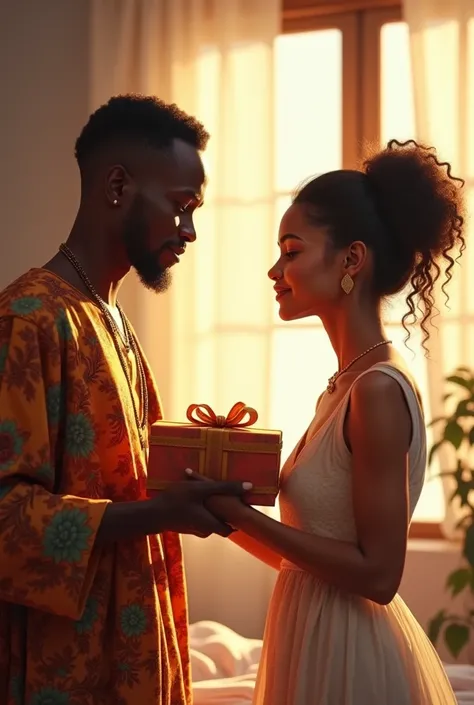 A Nigerian man presents a gift to a beautiful white-skinned girl in a light bedroom