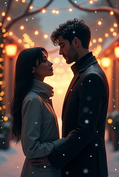 A romantic Christmas setting, with a female character with black skin, long straight black hair, and black eyes, wearing an elegant winter clothes, staring intently at the male character. The male character is tall, with white skin, black hair, and black e...