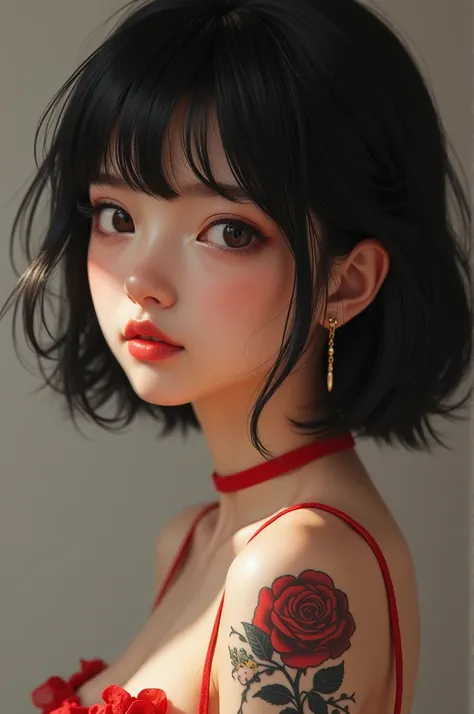 pretty girl , small waist with red navel band ,  short black hair and rose tattoo on the right arm