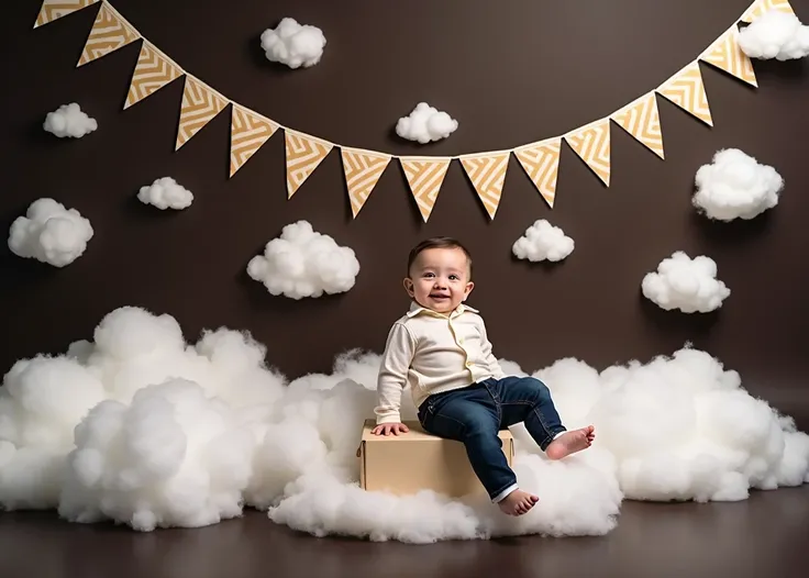 arafed baby sitting on a box in front of a backdrop of clouds, a picture by Abidin Dino, shutterstock, surrealism, studio portrait photography, sitting in a fluffy cloud, home photography portrait, casual photography, boy, portrait image, lie on white clou...