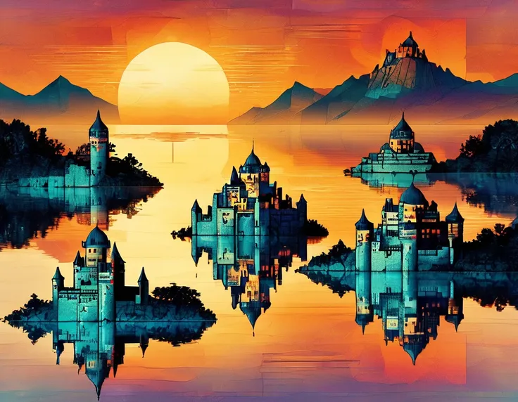 Masterpiece, top quality, high resolution, best composition, dynamic composition, Zentangle style, abstract landscape, old castle scenery at sunset, old castle surrounded by sea, old castle shape like a hill, sun setting on the horizon, silhouette of build...