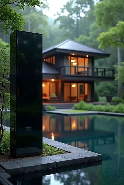 Elegant black glass sign with a pool next to the house, in the forest, with beautiful lighting around the house.