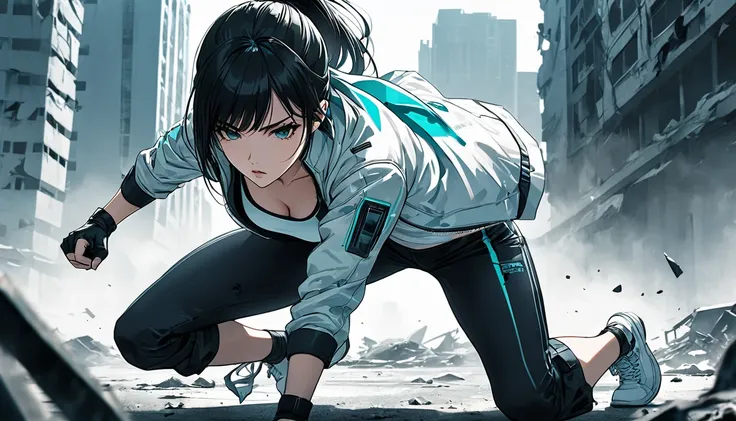 Neo-noir futuristic art style, semi-realistic anime style, a confident and agile woman performing a superhero landing pose. One knee bent to the ground, the other leg extended back for balance, one hand pressed firmly to the ground, and the other hand clen...