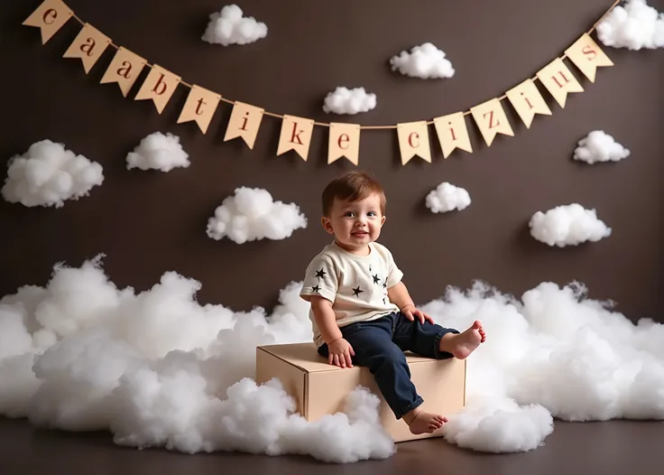 arafed baby sitting on a box in front of a backdrop of clouds, a picture by Abidin Dino, shutterstock, surrealism, studio portrait photography, sitting in a fluffy cloud, home photography portrait, casual photography, boy, portrait image, lie on white clou...