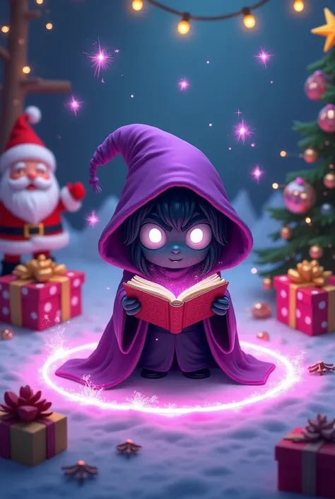  Wizard chibi version in purple robe , dark face ,  you can only see white eyes and purple cape,  with magic circle , reading a magic book, What do purple souls come out, Christmas decorations,  Christmas tree ,  gifts and Santa Claus 