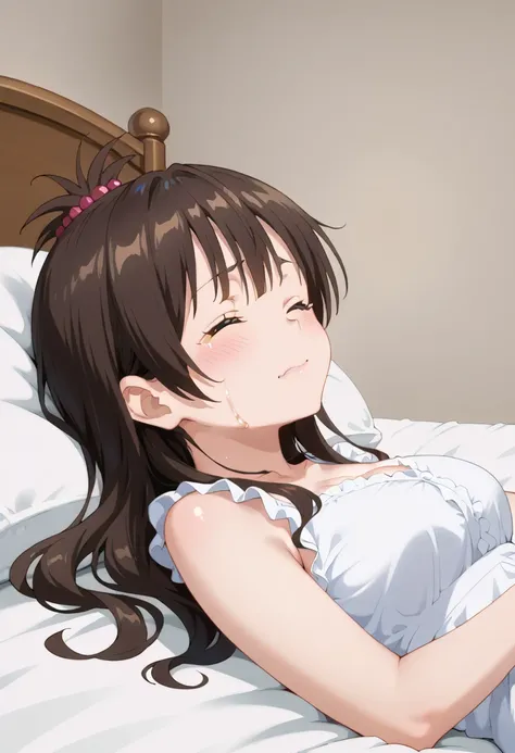  highest image quality taken by Ki、 High Quality 、(( full body shot ))girl, embarrassing, close eyes, red cheek,, white bathrobe, large breasts, dating, in dark hotel room, lie on back, bed, nsfw, orgasm, sex , man, throw, crying face, Embarrassed Face,one...