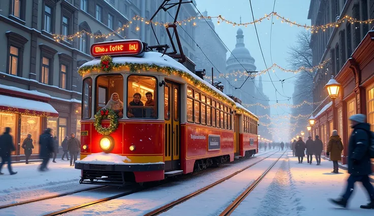 A Christmassy decorated tram on a track with an overhead line in the city in winter crosses a square 