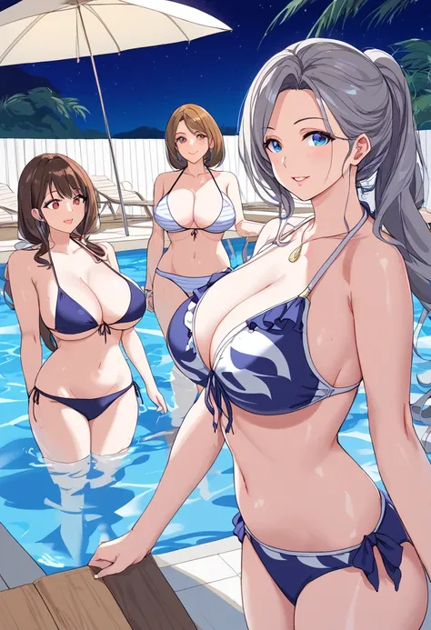 multiple、Multiple women、Women between the ages of 18 and 50、5~6 Women 、 bikini、 ruffled swimsuits、Swimsuit、Mr.々What type of swimsuit、A hoodie over a swimsuit、Resort facility 、Indoor swimming pool、 night pool、 mature women、looking ahead