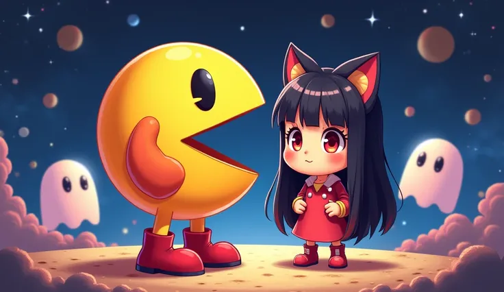  character from Pacman and a girl with long black hair with straight bangs and red eyes, cat ears. in space, Pacman-style ghosts   , cartoon style, cute, For the cover of a video 