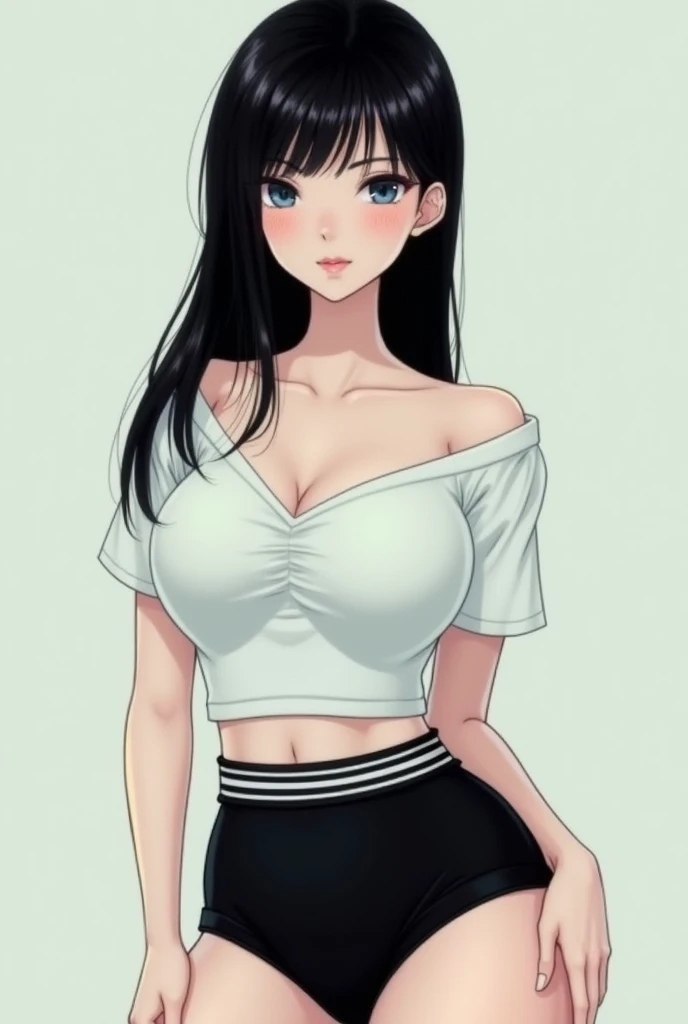 The woman, with straight black hair, smooth white skin, slightly pink cheeks and lips, hourglass figure, blue-gray eyes, wears a large white blouse with shoulders, black shorts with white stripes, large breasts, tight thighs and buttocks.