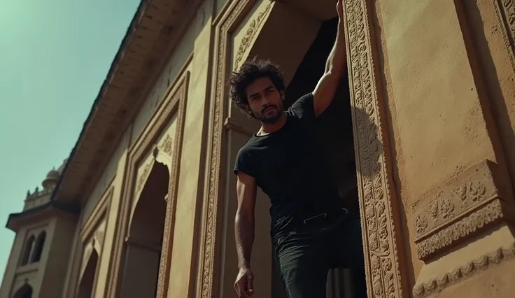 A indian handsome man wearing black t shirt climbing the window of big palace in day  time in Rajasthan in 1980 in dark and horror theme