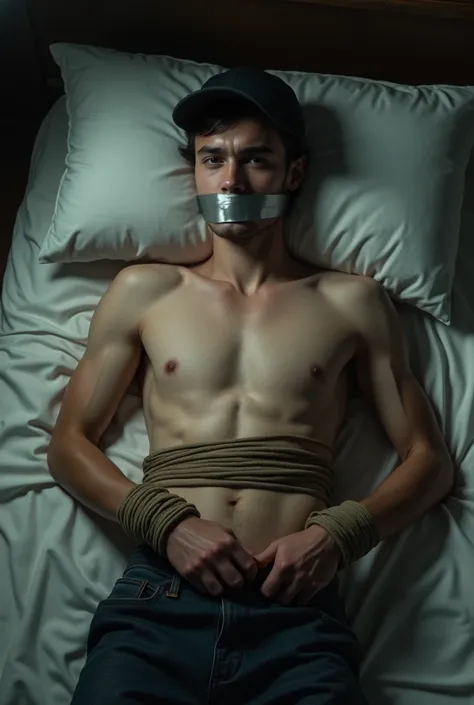 A handsome young man of 20 years who wearing a black cap fainted and tied, gagged with duct tape and bound on a bed.