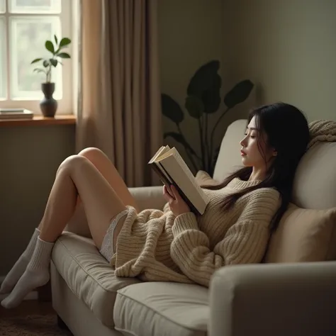  professional photorealistic images talking to an old man in the neighborhood, nsfw,{{{Alone}}},20 year old Korean female、 long hair on background、 midi skirt、 sweater 、socks、Lying down and reading a book、{{ white lace panties are visible}}、ass focus、 hous...