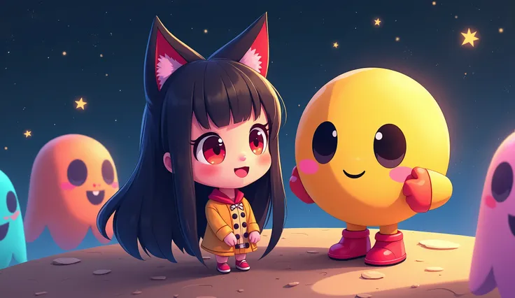  character from Pacman and a girl with long black hair with straight bangs and red eyes, cat ears. in space, Pacman-style ghosts   , cartoon style, cute, For the cover of a video 